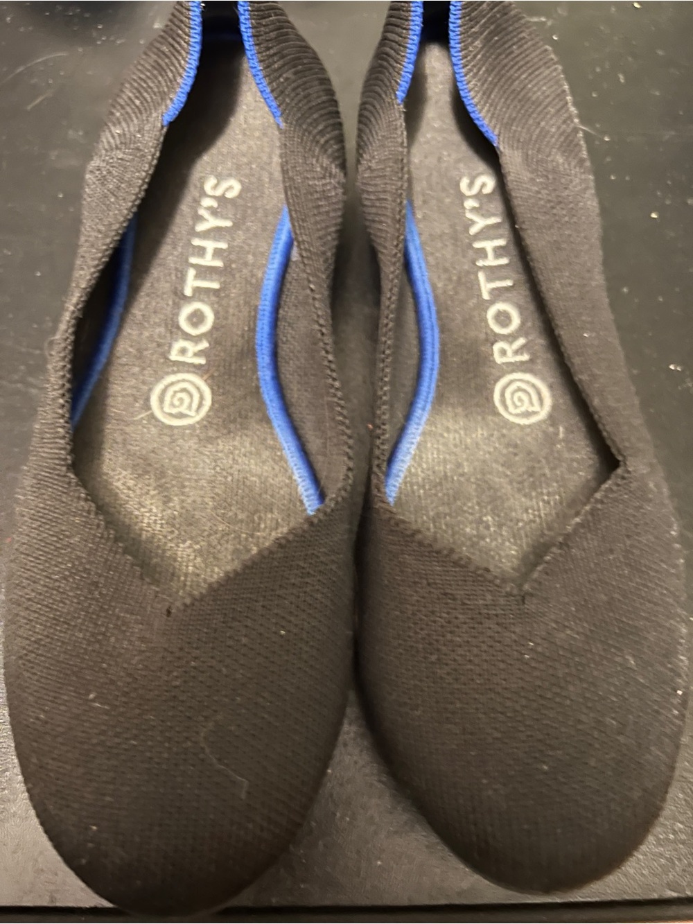 Rothy's Black Knit Flats with Blue Trim